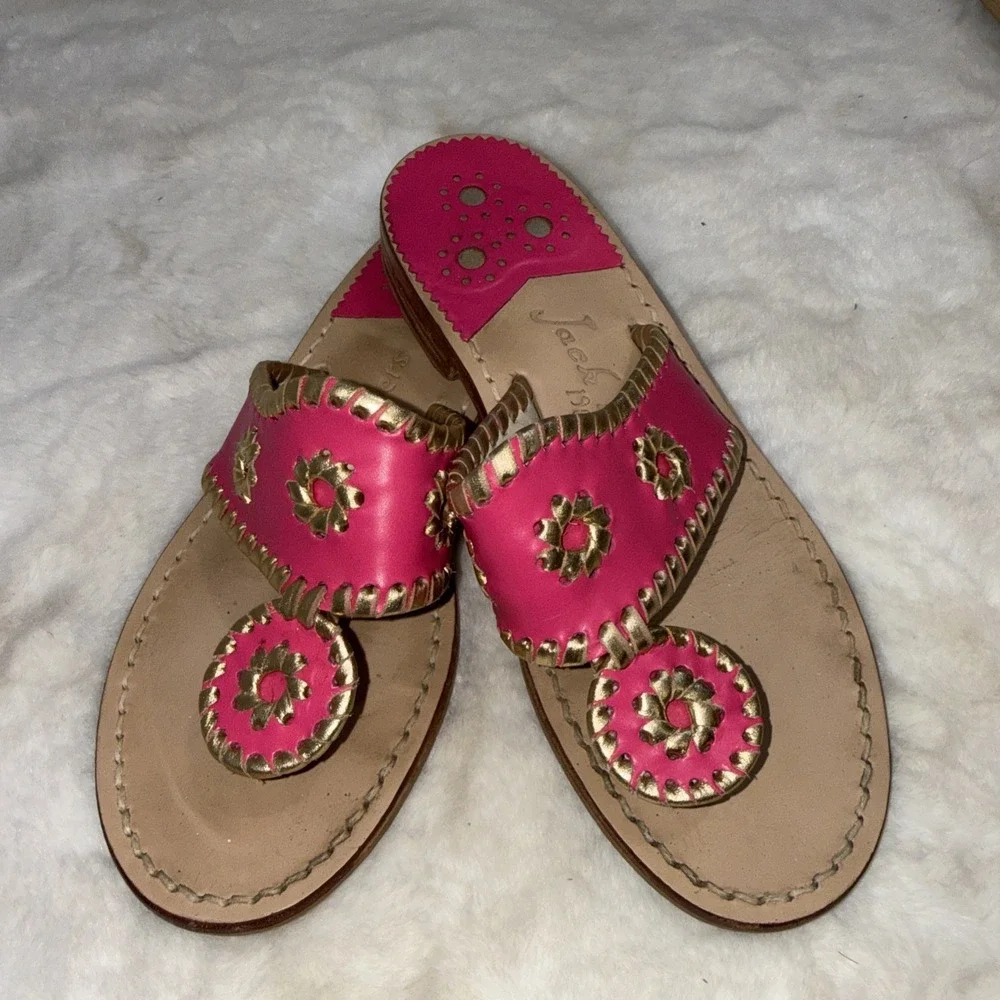 Jack Rogers Pink Gold‎ Leather Preppy Medallion Old Money Sandals Womens Size 5m